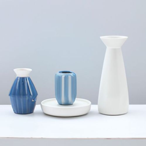 Juego de jarrón de cerámica blanca, artículos de decoración del hogar de cerámica nórdica para sala de estar, 3 piezas, un juego azul y